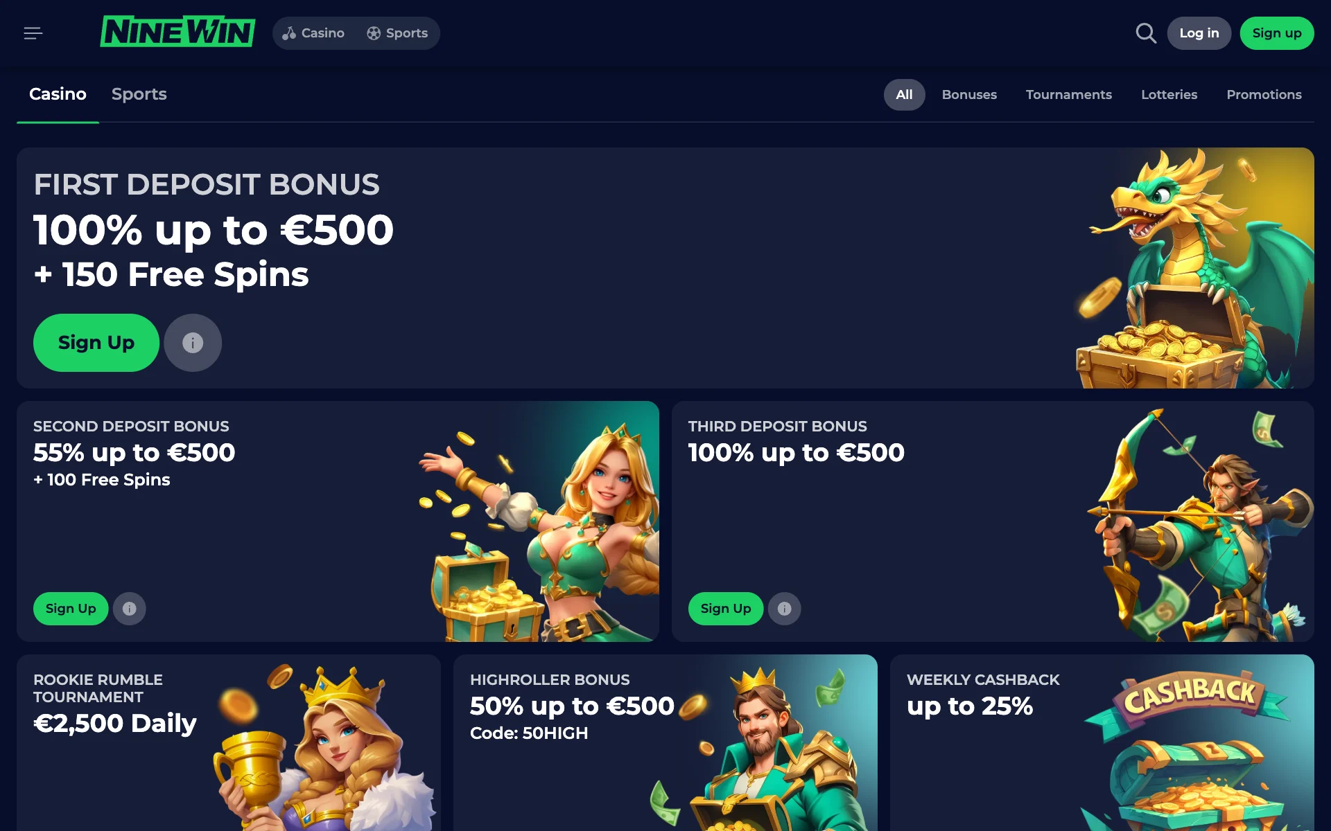 NineWin casino promotions page with offer cards